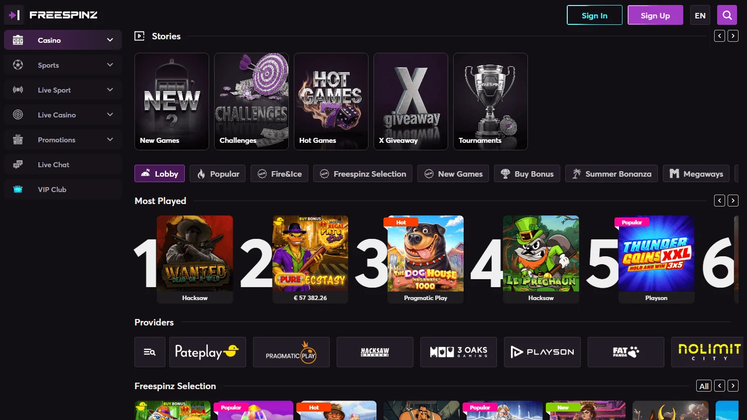 Freespinz Casino games screen on desktop