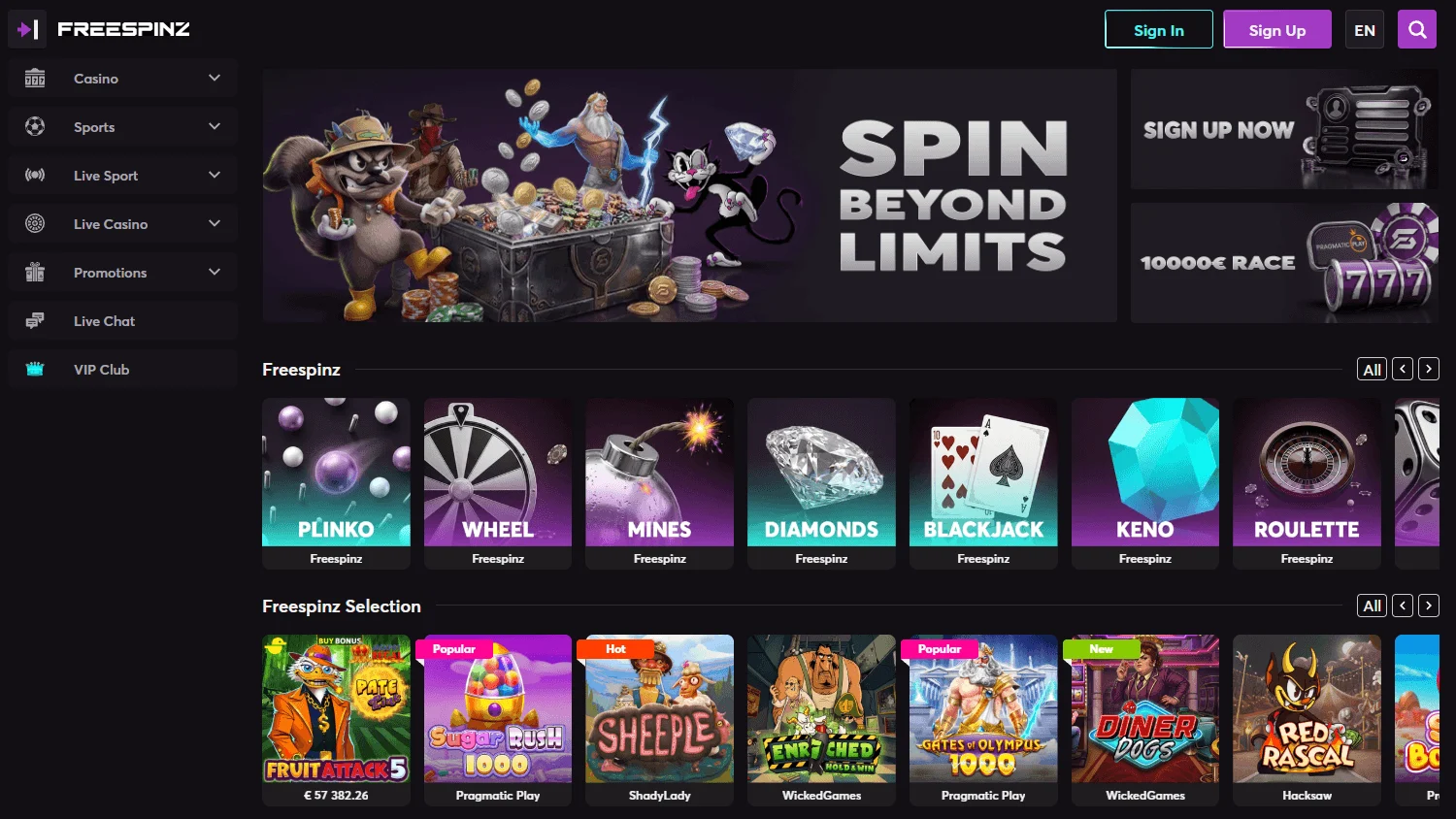 Freespinz Casino home screen on desktop