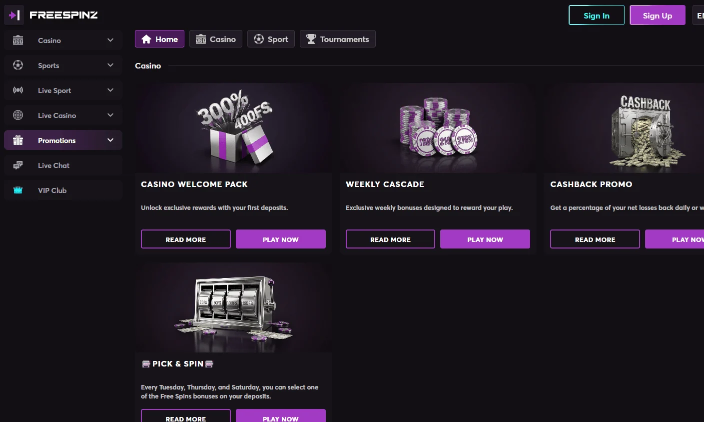 Freespinz Casino promotions screen on desktop