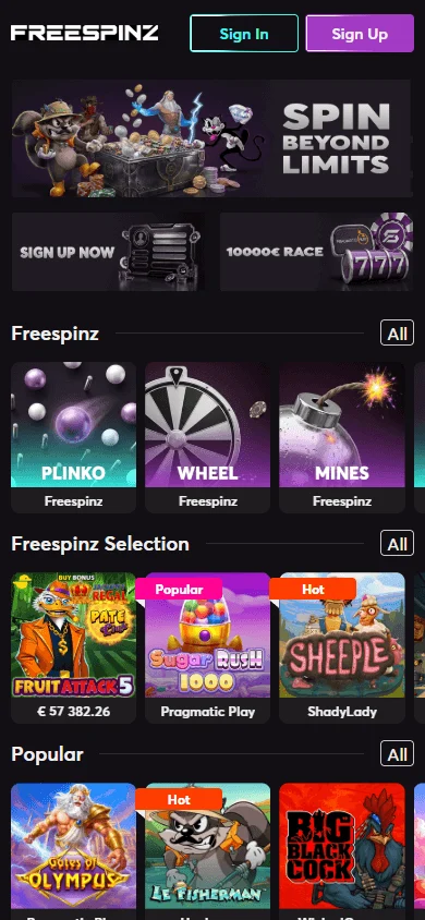 Freespinz Casino home screen on mobile