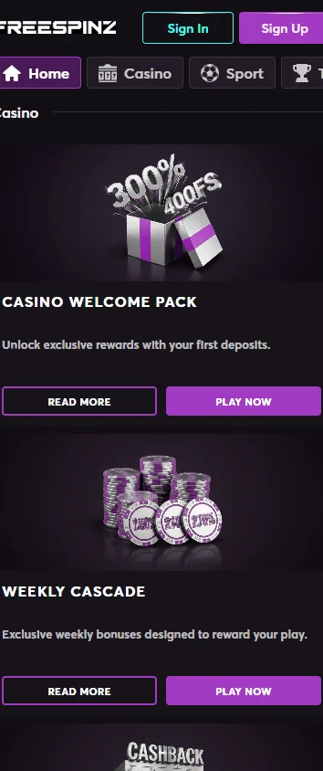 Freespinz Casino promotions screen on mobile