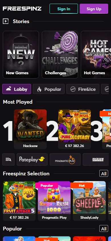 Freespinz Casino games screen on mobile
